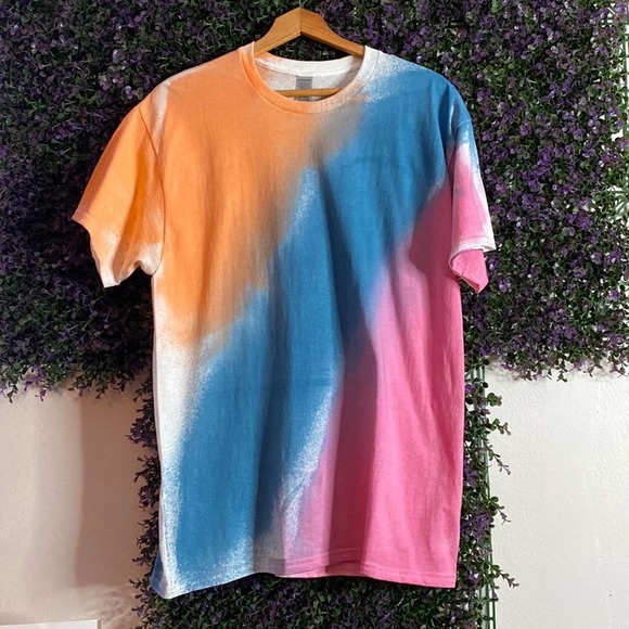 Distinctive Tie Dye Unisex Blue Pink Cotton Short Sleeve Handmade T-Shirt Size L - Picture 2 of 5